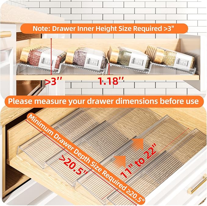 Spice Drawer Organizer, 4 Tier- 4 Pack Clear Acrylic Drawer Seasoning Organizer, Expandable From 11'' to 22'' Kitchen Spice Rack Organizers and Storage for Drawer (Jars not included)