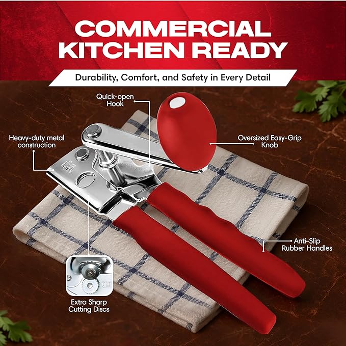 Chef Master Commercial Can Opener Heavy Duty - Manual Hand Crank for Large Cans with Anti-Slip Grip - Stainless Steel Restaurant Can Opener Manual for Seniors, Kitchen, Bars & Food Trucks - 90056