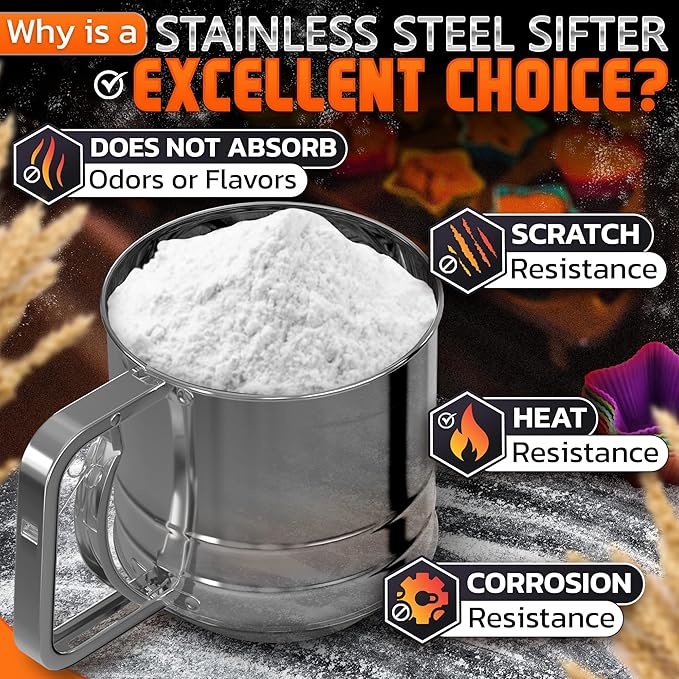 5 Cup Flour Sifter for Baking – Large Capacity Flour Sifter Stainless Steel with Double Mesh, Easy One-Hand Use & Dishwasher Safe – Baking Tools for Sifting Powdered Sugar, Cocoa & Christmas Cookies