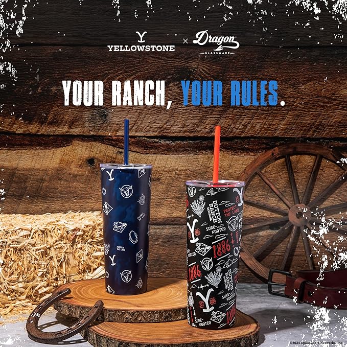 Dragon Glassware x Yellowstone Vacuum Insulated Tumbler with Lid and Straw - 24 oz Tumbler Cup with 2 Straws - Stainless Steel Tumbler with Straw for Water, Iced Tea - Blue