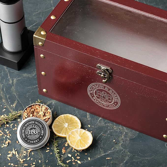 BOURBON&BARREL Cocktail Smoker Kit | Crafted with Walnut Wood | Whiskey Smoker Kit with Instant Smoker, Smoking Box, Food Tray and 4 Varieties of Wood Chips | Old Fashioned Smoker [Cherry Stain]