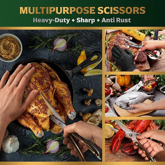 Heavy Duty Stainless Steel Poultry Shears For Bone, Chicken, Meat, Fish, Seafood, Vegetables. Premium Spring Loaded Food Scissors. One piece Kitchen Shears. (Brown Wooden Handles)