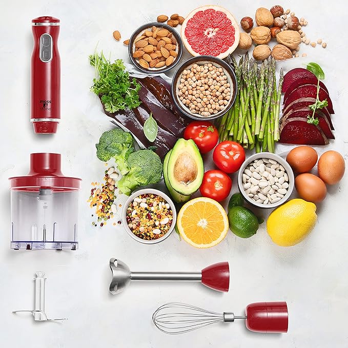 Moss & Stone Hand Blender Electric With Egg Whisk & Chopper, Powerful 300 Watt Immersion Hand Blender Set, Mixer Set Stainless Steel Shaft & Blades, Red Handheld Mixer With Ergonomic Grip