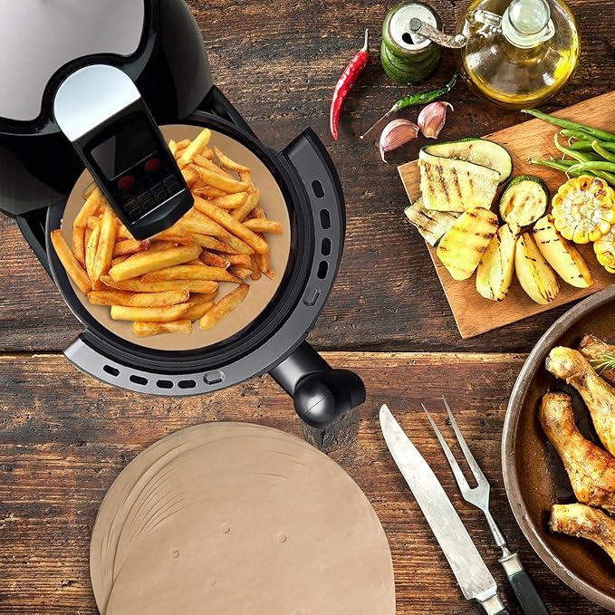 100pcs Unbleached Air Fryer Liners, 9inch Bamboo Steamer Liners, Vancens Premium Perforated Parchment Steaming Paper Rounds, Non-stick Steamer Mat, Perfect for 5.3 & 5.8 QT Air Fryers/Baking/Cooking