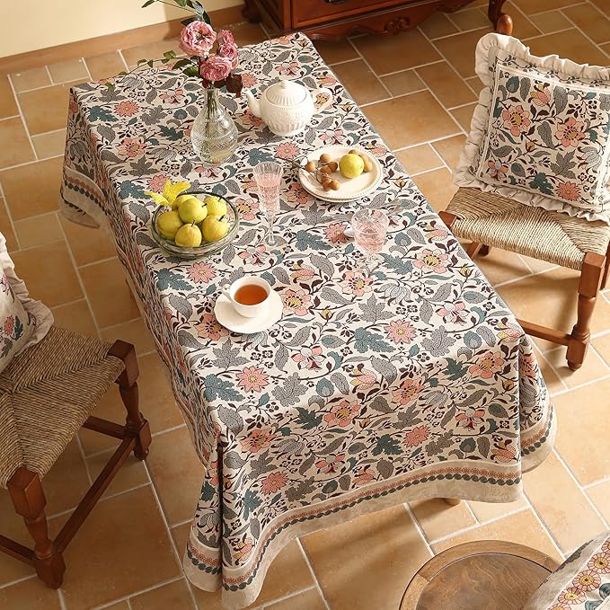 ISAENNE Designer Boho Floral Rectangular Tablecloth,Linen Lotus Flower Pattern Colorful Indoor Table Cloth,Durable Decor Tablecloths for Dining Thanksgiving Kitchen Christmas,55"*87"-Hazel A