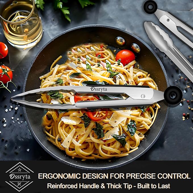 Small Cooking Tong Set of 3 - Mini 7 Inch Stainless Steel Locking Tongs, Heat Resistant to 600°F, Food Grade Kitchen Metal Tong for Food, Salad, Pasta, Steaks, Vegetables - Dishwasher Safe
