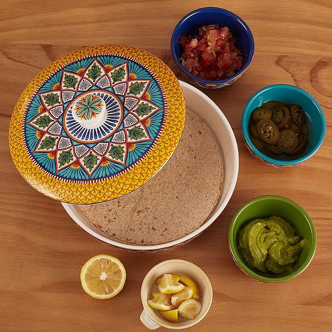 Bico Havana Ceramic Tortilla Warmer, 8.9 Inch Tortilla Holder with Lid for Taco Bread Pancake for Mexican Night and Party, Microwave and Dishwasher Safe