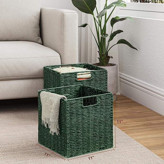 Vagusicc Wicker Storage Basket, Set of 2 Hand-Woven Paper Rope Wicker Baskets, Foldable Cube Storage Bins, Square Storage Baskets for Organizing Shelves & Decor, Green (11″×11″×11″)