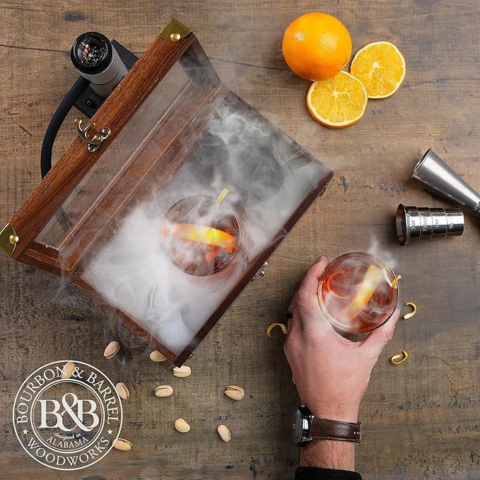 BOURBON&BARREL Cocktail Smoker Kit | Crafted with Walnut Wood | Whiskey Smoker Kit with Instant Smoker, Smoking Box, Food Tray and 4 Varieties of Wood Chips | Old Fashioned Drink Smoker [Walnut]