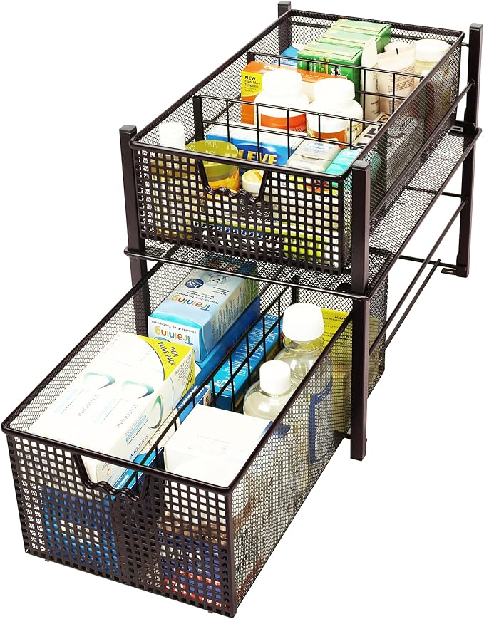 Deco Brothers Stackable Pull Out Cabinet Sliding Basket with Dividers, Large, Bronze