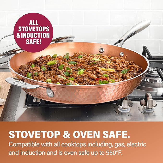 Gotham Steel Hammered Copper 14 Inch Non Stick Frying Pan with Lid, Nonstick Frying Pan with Ceramic Coating and Induction Plate for Even Heating, Oven / Dishwasher Safe, 100% Healthy & Non Toxic