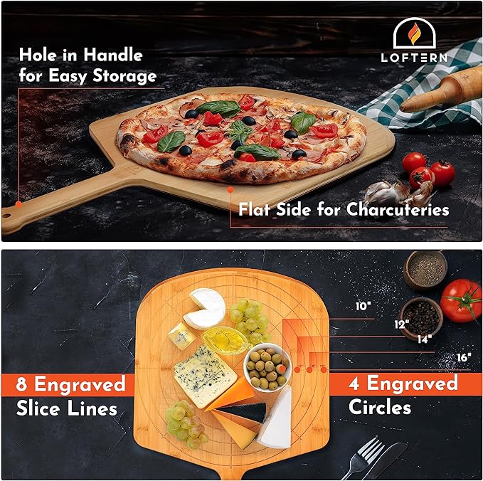 Loftern Wooden Pizza Peel 16 Inch Board with Engraved Sizes - Multi-Purpose Bamboo Pizza Cutting Board, Wood Pizza Peel, Pizza Spatula Paddle, and Serving Board with Size and Cutting Guide