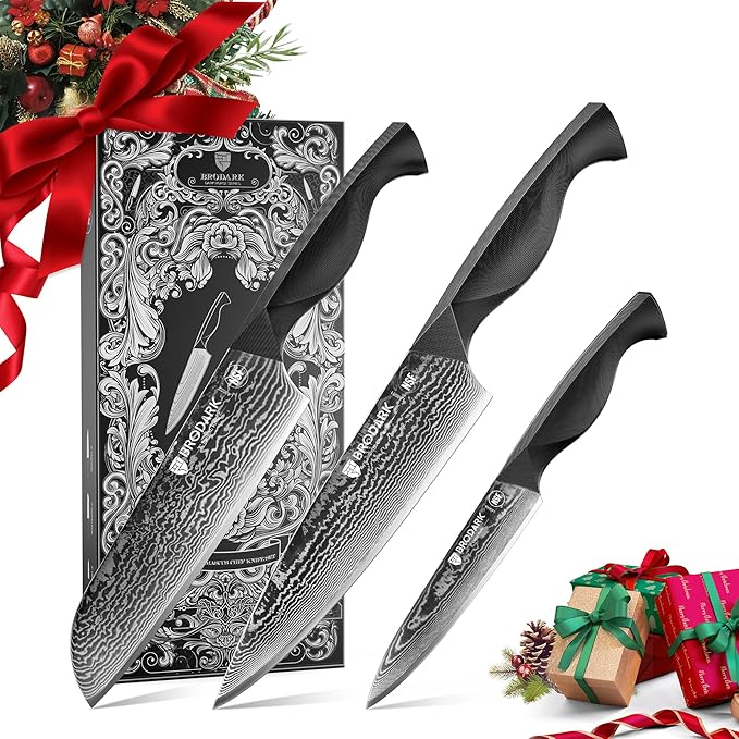 BRODARK Damascus Knife Set 3 PCS: Sharp Damascus Kitchen Knife Set, Professional Japanese Chef Knives with Ergonomic Full-Tang ABS Handle for Home, Restaurant (Dark Horse Series)