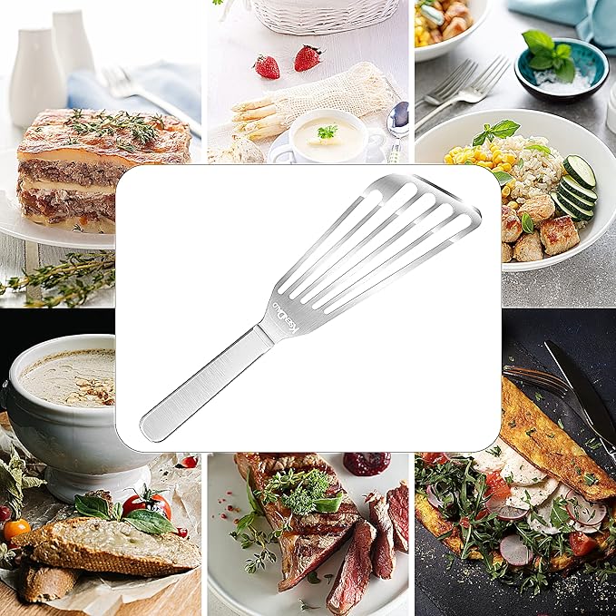 KSENDALO Thin Fish Spatula Stainless Steel -Flexible Slotted Egg Flipper with Angled Blade & Comfortable Hollow Grip, Metal Turner for Fish Egg Omelettes Pancakes, All Cookware, Dishwasher Safe