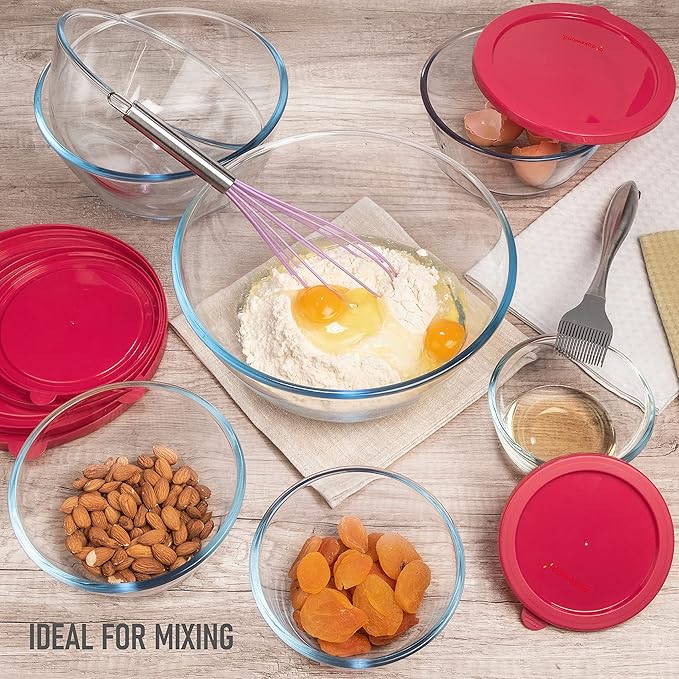 7 Stackable Space-Saving Nesting Glass Bowls with Pink Lids for Foodprep, Storage, Baking, Mixing & Cooking, Microwave Safe - Durable Inert Borosilicate Glass