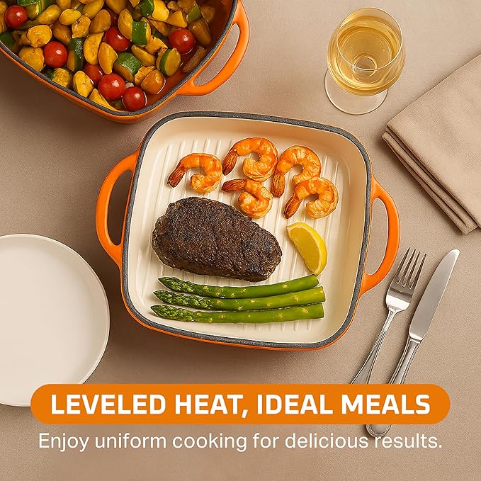 Bruntmor 11-Inch Enameled Cast Iron Cookware - 2-in-1 Square Cast Iron Casserole Dish with Lid and Dual Handles for Baking, Braising, and Roasting - Durable, Nonstick Skillet Dutch Oven, Pumpkin Spice
