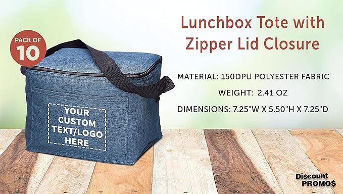 Custom Insulated Cooler Lunch Bag Set of 10, Personalized Bulk Pack - Perfect for Work, Travel, Outdoor Events - Blue