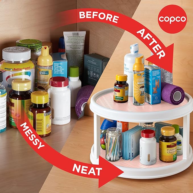 Copco Non-Skid 2 Tier Pantry Cabinet Lazy Susan Turntable, 12-Inch - Organize Kitchen, Bathroom, Home Office, Laundry Room, Garage, Craft Room - Kitchen Turntable & Pantry Organizer (White/Pink)