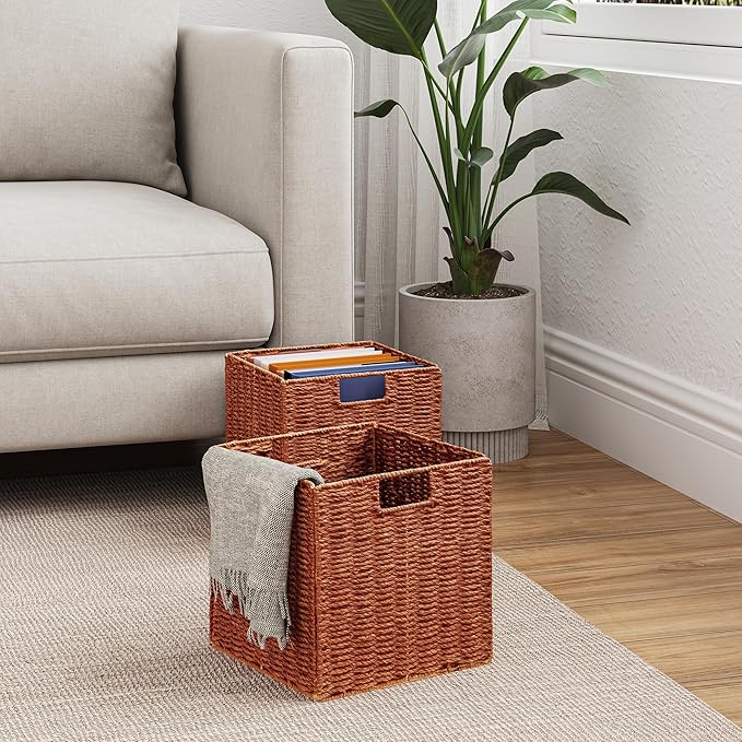 Vagusicc Wicker Storage Basket, Set of 2 Hand-Woven Paper Rope Wicker Basket, Foldable Cube Storage Bins, 9 inch Square Storage Baskets for Organizing Shelves & Decor, Orange (9″×9″×9″)