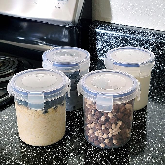 Overnight Oats Container with Lids (4-Piece set) - 16 oz Plastic Containers with Lids - Oatmeal Container to go | Portable Cereal and Milk Container on the go | Airtight Snap Lock Storage Jars