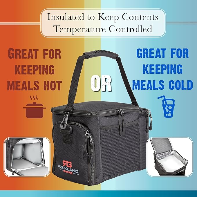 Rockland Guard Insulated Lunch Bag for Men - Lunch Box for Women with Compartments for Meal Prep Containers, Bottles, Snacks, Extra Storage Pockets - Lunchbox for Work, Travel, Picnic, Camping - Black
