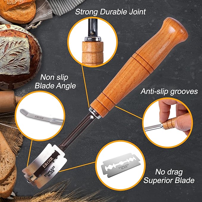 EROIR Danish Dough Whisk and Bread Lame Set - 13 Inch Dutch Bread Whisk - Bread Lame Dough Scoring Tool with 10 Razor Sharp Blades and Leather Cover