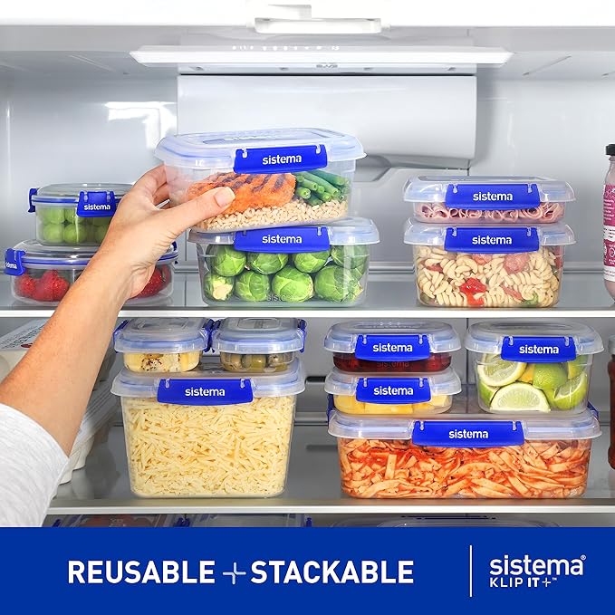 Sistema KLIP IT PLUS Leakproof Food Storage Containers 2.2 L, 1 L, 400 ml Airtight & Stackable Meal Prep Containers with Lids School Lunch Boxes & Snack Boxes 6 Count
