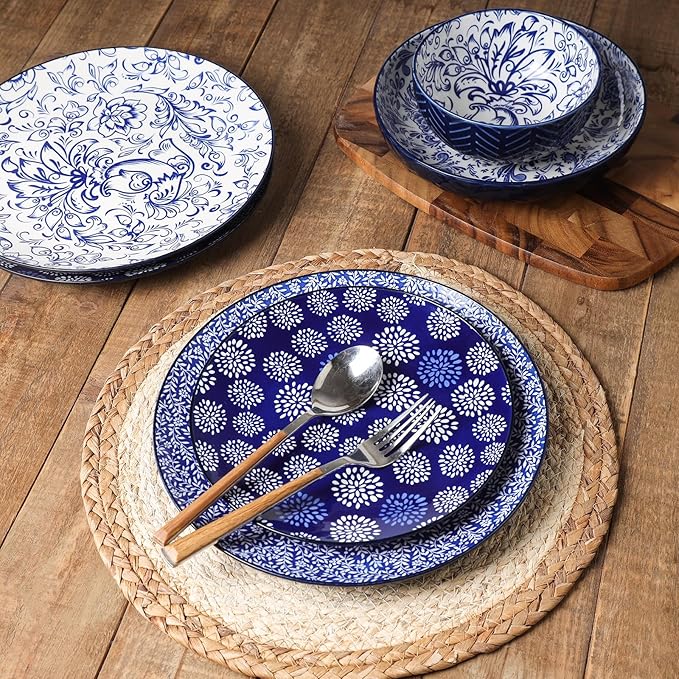 Selamica Ceramic Plates and Bowls Sets, 32 Pieces Dinnerware Sets for 8, Scratch Resistant Embossed Dishes Set for Family Gatherings, Dishwasher & Microwave Safe, Dark Blue
