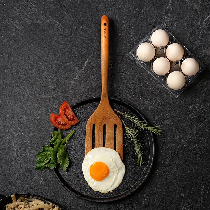 Teak Wooden Spatula, Spoons & Slotted Turner for Cooking – Natural Non-Stick, Handcrafted Kitchen Utensils with Comfort Grip & Microfiber Cloth