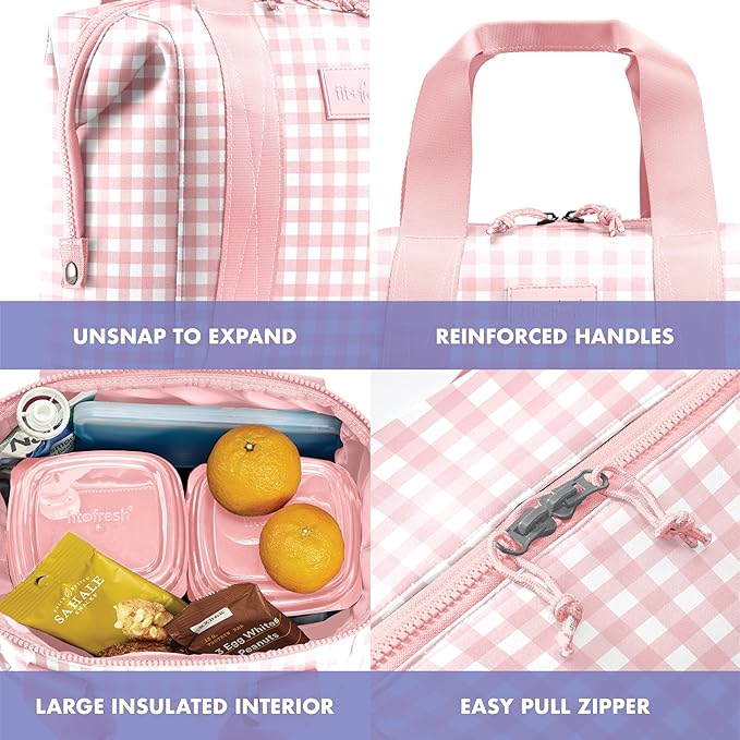 Fit & Fresh Remi Neoprene Lunch Bag For Women - Meal Prep Kit with Containers & XL Ice Pack, Self Insulating Neoprene-like Material, Machine Washable Lunch Bag, Tear & Stain-Resistant, Pink Gingham