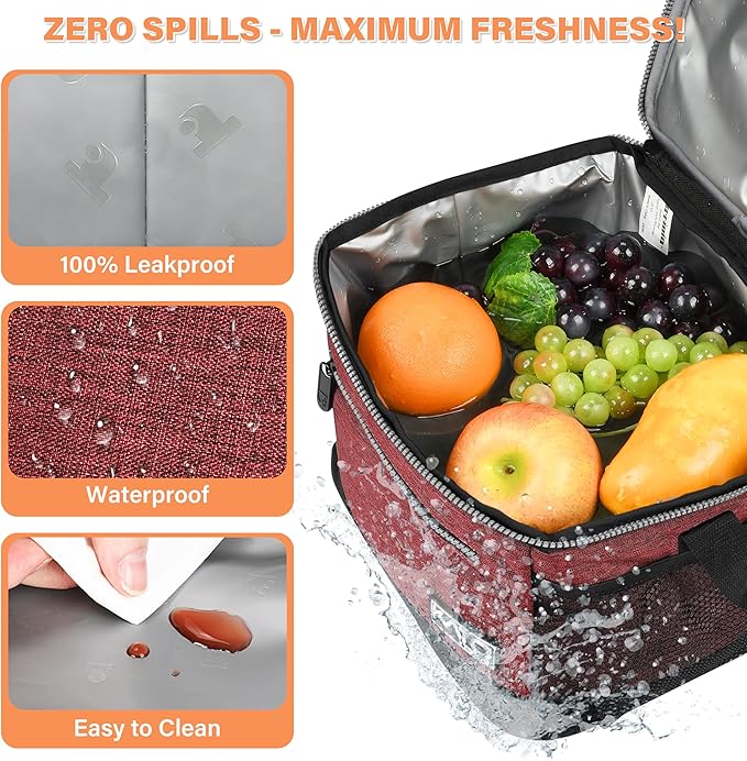 Tirrinia Insulated Lunch Box for Men/Women, Leakproof Lunch Bag for School Work, Large Lunch Tote Kids Boys Girls Student Back to School, Soft Cooler Office Picnic Beach Camping for Adults,Red