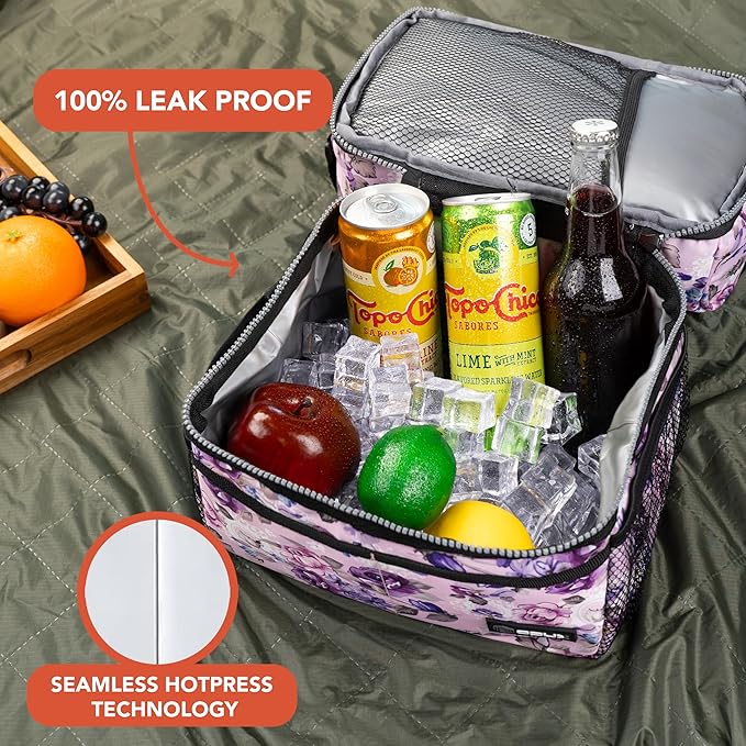 OPUX Lunch Box For Women, Insulated Large Lunch Bag Adult Work, Double Decker Lunchbox Meal Prep, Dual Compartment Leakproof Lunch Cooler, Soft Lunch Pail Tote for Girls Kids School, Floral Black 12L