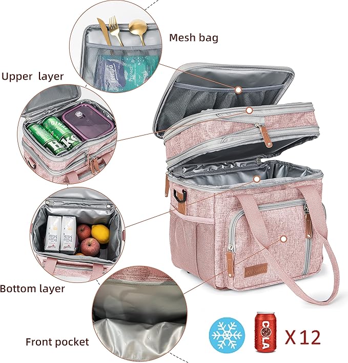 MOV COMPRA Lunch Bag for Women Men, Expandable Large Adult Insulated Lunch Box for Work, Leakproof Double Deck Lunch Box Cooler Tote Bag with Removable Shoulder Strap (PINK)