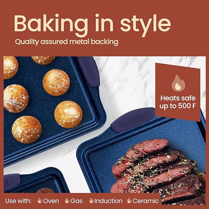 BAKKEN Kitchen Baking Pan Set - Nonstick Coating, Carbon Steel Bakeware Sets with Blue Silicone Handles, Baking Kitchen Essentials, PFOA, PFOS, PTFE Free, Oven Safe Tray (Up To 450° F), Set of 3