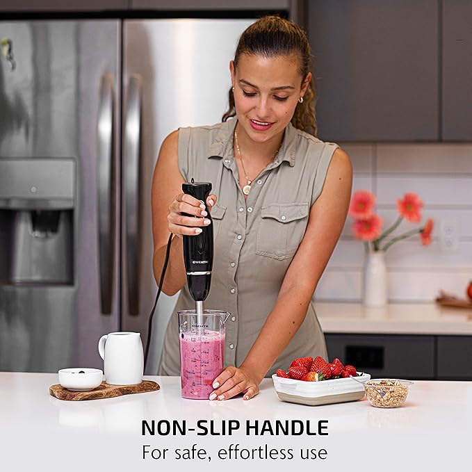 OVENTE Immersion Hand Blender, 300W Electric Handheld Portable Stick Mixer Set with 2 Mixing Speed, Stainless Steel Blades, Egg Whisk Attachment, Mixing Beaker and BPA-Free Food Chopper, Black HS565B