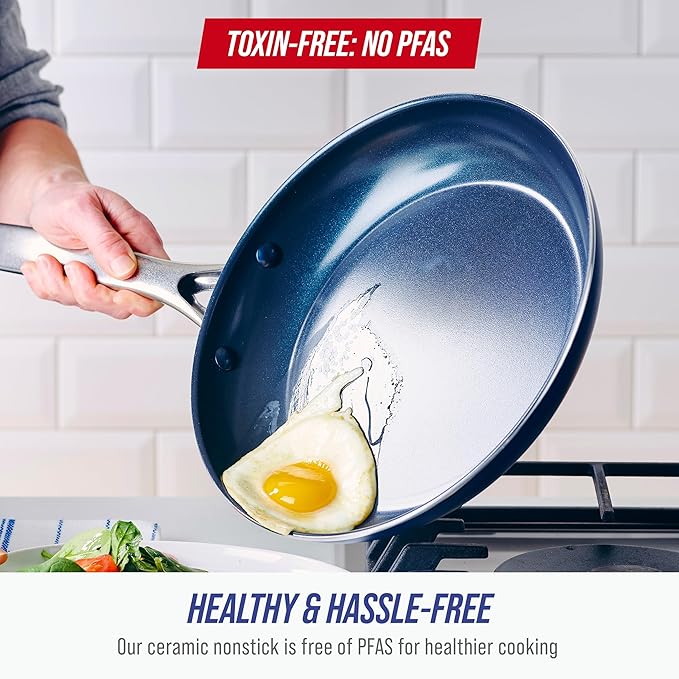 Blue Diamond 9.5” & 11" Nonstick Frying Pan Skillet Set, Diamond Infused PFAS & PTFE-Free Ceramic Pots & Pans, Dishwasher & Oven Safe, Stay Cool Handles, Durable Non Toxic Metal Utensil Safe, Blue