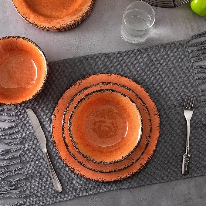 LEHAHA Melamine Salad/Dessert Plates, Crackled Design Plates Set of 6, 9 inch Small Dinner Plates, Modern Rustic Kitchen Serving Dishes for Party, Picnic and Camping Use, Orange