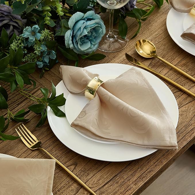 Newbridge Barcelona Luxury Damask Fabric Napkins, Set of 4 Square Napkins, Golden Beige, 100% Polyester, No Iron, Soil Resistant Dining Room, Party and Banquet Napkins