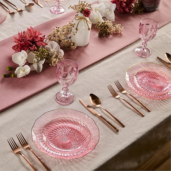 PLASTICPRO 60 Pack Plastic Plates Set of 30-10 inch Plates and 30-7 inch Plate, Elegant Clear Pink Spiral and Gold Rim Disposable Fancy Dishes Heavyweight
