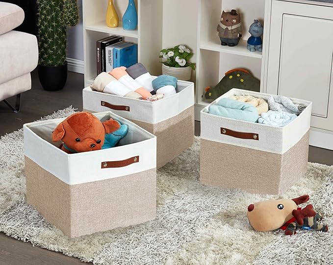 DECOMOMO Kallax Storage Cubes - 13x15x13 Storage Bins, Baskets for Organizing Shelves (Beige and White, 3-Pack)