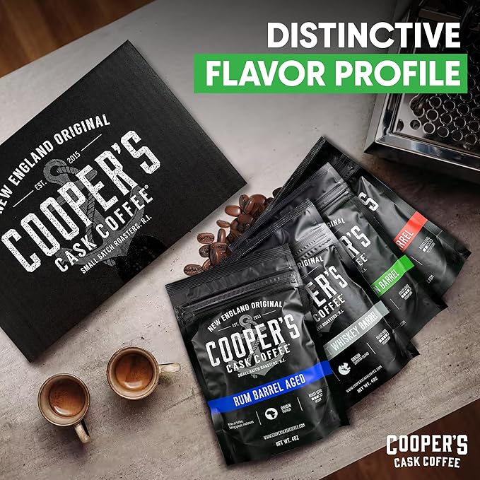 Bourbon & Whiskey Barrel Aged Coffee Box Set - 4-Bag Roasted Coffee Sampler - Bourbon Colombian, Malt Whiskey Sumatra, Rye Whiskey Ethiopian, Rum Barrel Rwanda, (Ground, 4 Ounce (Pack of 4))