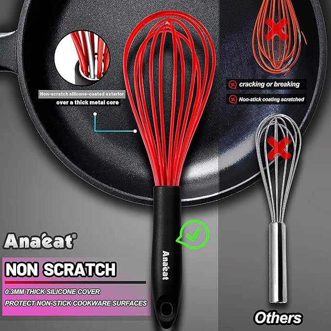 Anaeat Silicone Balloon Whisk, Perfect for Non-Stick Cookware, Milk and Egg Beater Blender, Heat Resistant Kitchen Whisks for Whisking, Cooking, Baking, Beating, Frothing & Stirring (Multicolor)