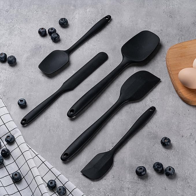 Silicone Spatula Set, 5 Piece Food Grade Rubber Spatulas for Baking, Cooking, and Mixing High Heat Resistant Non Stick Dishwasher Safe BPA-Free (Black)