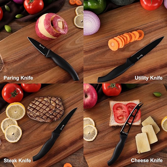 ROMANTICIST Kitchen Knife Sets, 10PCS High Carbon Stainless Steel Knife Sets with Block, Black Knife Block Set, Knives Set for Kitchen with Anti-slip Handle, Exquisite Knives Set New Home Essentials