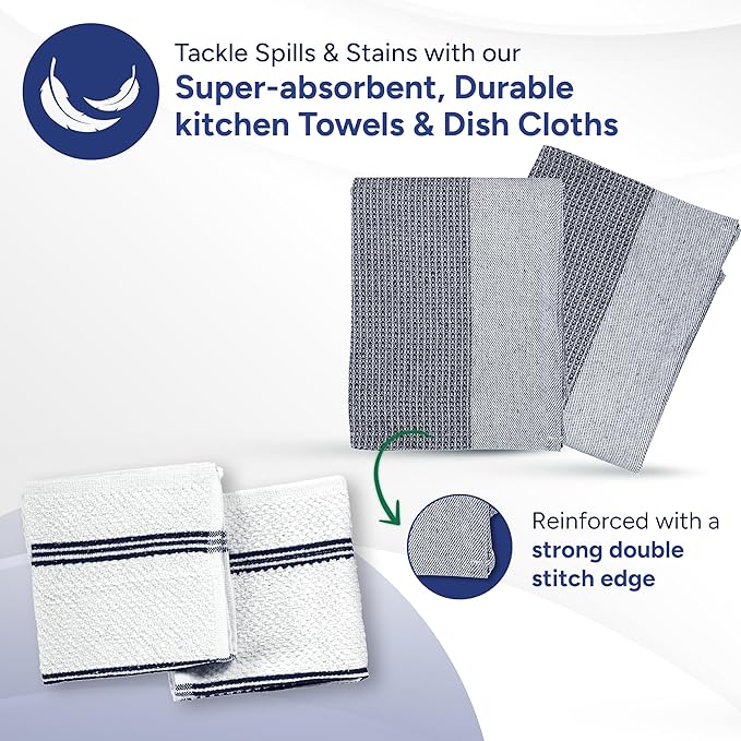 Casa Platino Mini Oven Mitts Set, 8-Piece – 500°F Heat Resistant Silicone Oven Mitts, Potholders for Kitchens, 2 Kitchen Towels & 2 Dish Cloths – Non-Slip & Durable – Indigo