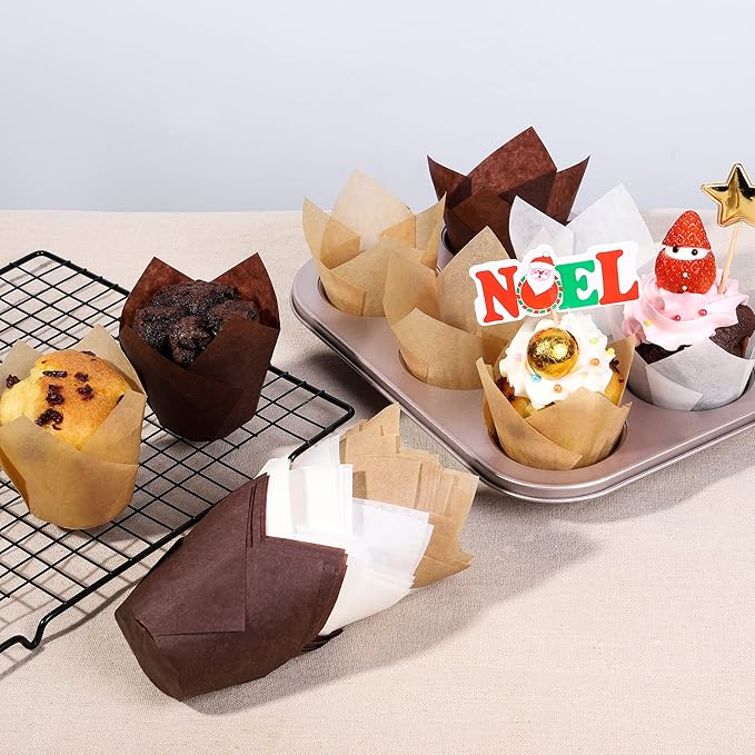Nordic Paper 200pcs Tulip Cupcake Liners for Baking Cups EU Parchment paper Standard Size Tulip Muffin Liners, Cupcake Wrapper, Brown, White, Unbleached Natural for Party, Christmas