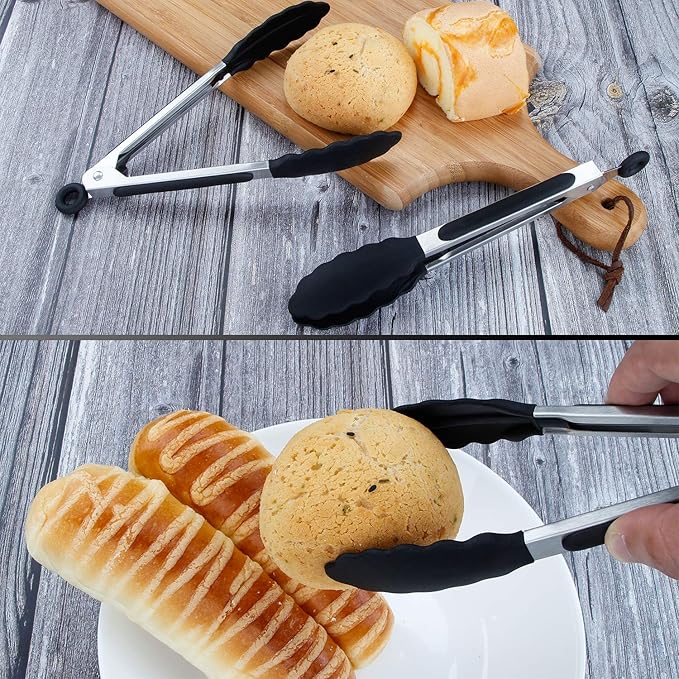 7 inch Cooking Tongs, MSY BIGSUNNY Set of 3 Mini Kitchen Tongs Silicone Serving Tongs With Silicone Tips for FoodGrill, Salad, BBQ (black)