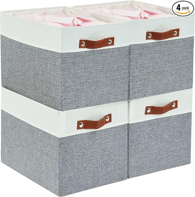DECOMOMO Kallax Storage Cubes - 13x15x13 Storage Bins, Baskets for Organizing Shelves (Grey and White, 4-Pack)