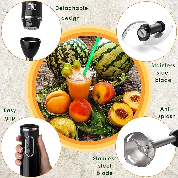 Moss & Stone Hand Blender Electric With Egg Whisk & Chopper, Powerful 300 Watt Immersion Hand Blender Set, Mixer Set Stainless Steel Shaft & Blades, Black Handheld Mixer With Ergonomic Grip