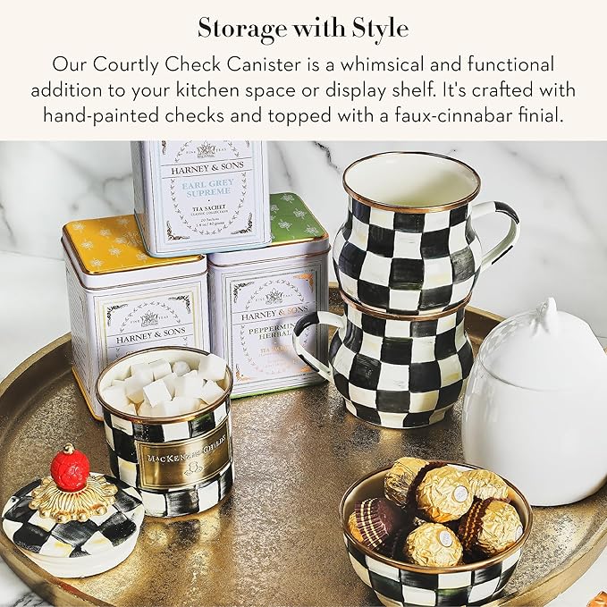MACKENZIE-CHILDS Courtly Check Enamel Canister, Black-and-White Kitchen Storage Container with Lid, Mini